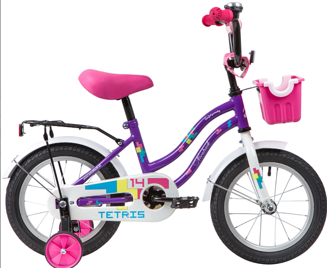Велосипед NOVATRACK 14" TETRIS фиолетовый, тормоз нож, крылья цвет, багажник, корзина, полная защ.це